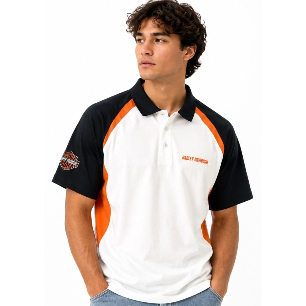 Harley-Davidson Polo Shirt Mens XL White Black Orange Embroidered Logo Short Slv